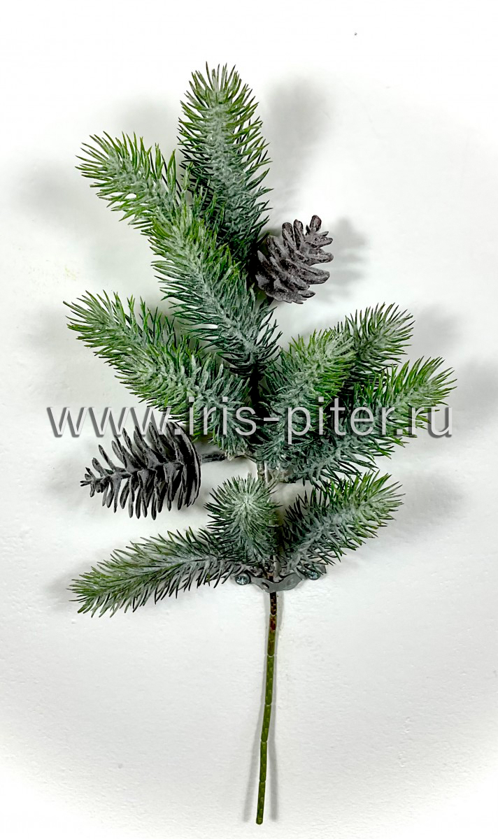 Ветка елка с шишками с напылением 